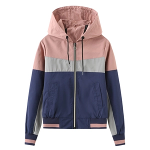 Women's pink and navy color-block hooded windbreaker jacket with drawstring hood