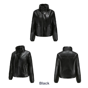 Three-sided view of a black quilted faux leather puffer jacket with a stand collar