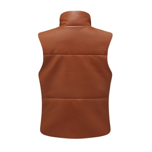 Detail view of the brown leather padded vest showing high collar and quilted back design