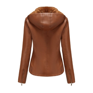 Detail of brown leather jacket featuring a zip cuff and warm fleece hood lining