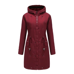 Detail of wine red parka coat with plush lining, drawstring waist and metal buttons