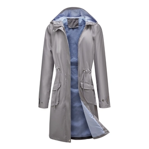 Detail of grey waterproof parka with drawstring waist and striped lining pattern