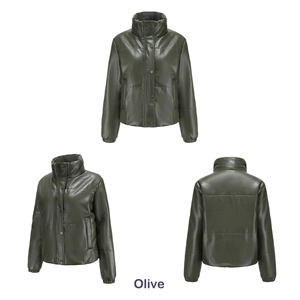 Three-angle view of an olive green faux leather puffer jacket with a high stand collar