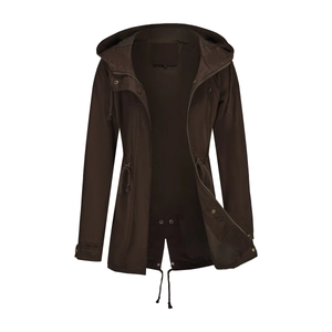 Detail of drawstring hood and metal zipper closure on long dark brown cotton parka coat