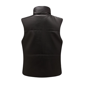 Women's black faux leather padded vest with stand collar and zipper back view
