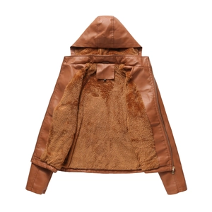 Women's brown hooded faux leather jacket with warm fleece lining and zipper closure