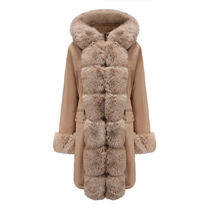 Detail of soft faux fur trim on the hood and cuffs of a warm khaki winter parka for women