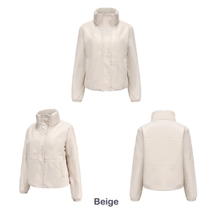 Detail view of beige faux leather padded jacket showing high collar and ribbed cuffs