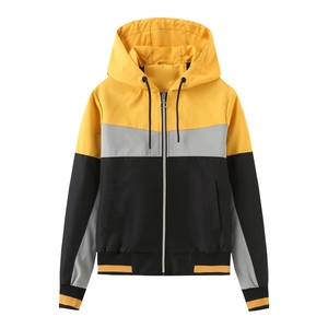 Women's casual hooded windbreaker with color-block panels in yellow, gray and black