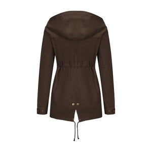 Rear view of a dark brown cotton hooded parka with adjustable drawstring waist and fishtail hem