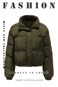Detail of olive green winter puffer jacket with stand collar and metallic snap buttons