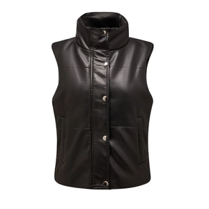 Close-up of black leather padded vest featuring high collar and silver metal snap buttons