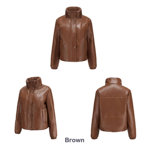 Three-angle view of brown faux leather puffer jacket with high collar and elastic cuffs