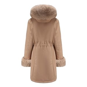 Detailed back view of khaki parka with lush faux fur collar and adjustable drawstring waist