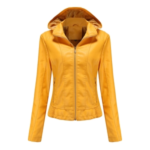 Detail of ginger yellow faux leather jacket with soft fleece hood lining and metal zipper