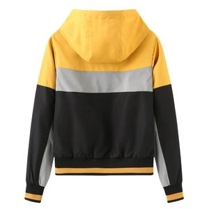 Rear view of lightweight hooded windbreaker with tri-color stitching and ribbed cuffs