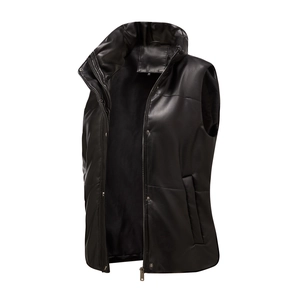 Detail view of black faux leather vest with stand collar and zipper button closure