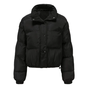 Detailed front view of black padded jacket featuring high collar and snap buttons