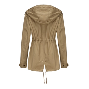 Detail view of khaki cotton parka featuring adjustable drawstring waist and fishtail hemline