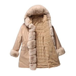 Detailed khaki parka with thick faux fur lining and adjustable drawstring waist