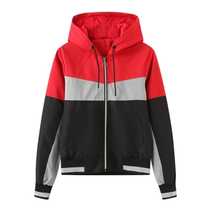 Women's Casual Color Block Hooded Windbreaker Jacket Lightweight Zip Up Patchwork Long Sleeve Drawstring Outwear Tops