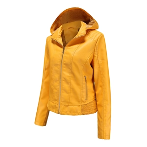 Detail showing the warm yellow faux leather jacket with brown fleece lining and metal zipper