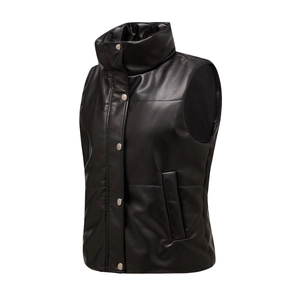 Close-up of black PU leather padded vest featuring stand collar and silver metal buttons