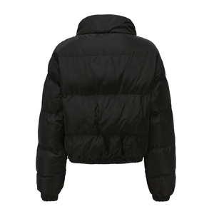 Back view of a black quilted puffer jacket with high collar and elastic hem for women