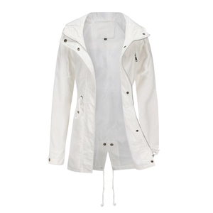 Detail of white cotton hooded windbreaker with adjustable drawstring waist and metal buttons