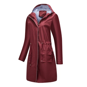 Detail of burgundy windproof hooded jacket with waist drawstring and striped lining