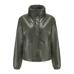 Close-up of olive green matte faux leather puffer jacket with snap buttons and stand collar