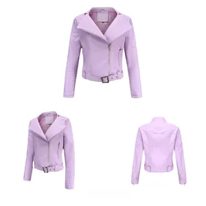 Details einer lavendelfarbenen Kunstlederjacke mit Gürtel und silbernem Reißverschluss