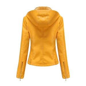 Rear view of yellow hooded faux leather jacket featuring soft fleece lining and sleeve zippers