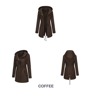 Detalle frontal, lateral y posterior de una parka con capucha marrón oscuro y cordón ajustable