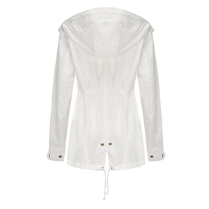 Back view of a white hooded cotton parka featuring adjustable waist drawstring and hem details