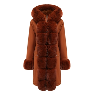 Detail of rust red women's parka showing faux fur trim on hood, cuffs and front lapels