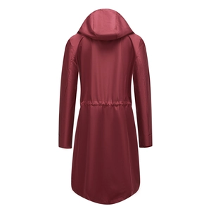 Back view of burgundy hooded trench coat with adjustable drawstring waist and curved hem
