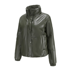 Detail of dark green faux leather puffer jacket with windproof collar and button closure