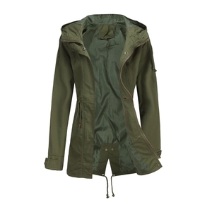 Women's army green cotton hooded parka jacket with adjustable waist drawstring and zipper