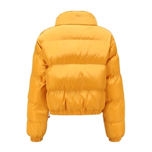 Back view of a yellow quilted winter puffer jacket with windproof high collar and elastic hem
