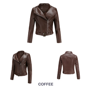 Detailansicht der kaffeebraunen PU-Leder Bikerjacke mit Revers und Gürtelsaum