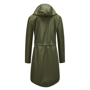 Detail of army green waterproof hooded parka back with adjustable drawstring waist