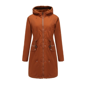 Women's warm hooded parka in caramel brown with faux fur collar and drawstring waist