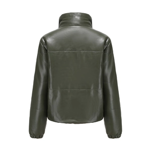 Back view of a thick olive green quilted puffer jacket in matte faux leather finish