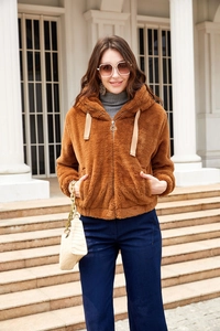 Detail of caramel plush hooded jacket featuring zipper closure and cozy fleece texture