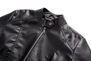 Detail of stand collar and silver zipper on black faux leather biker jacket