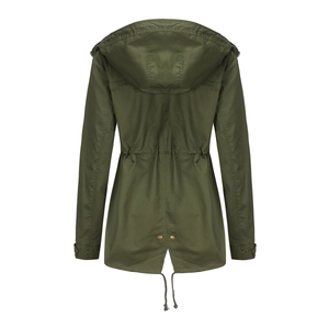 Back view of army green cotton parka featuring adjustable drawstring waist and fishtail hem