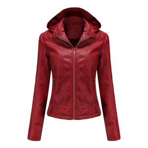 Detailed view of dark red leather jacket featuring quilted stitching and zipper pockets