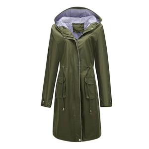 Detail of army green waterproof hooded coat with striped lining and adjustable waist drawstrings