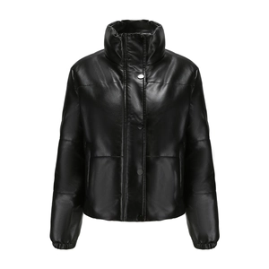 Detail of women's black PU leather puffer jacket showing stand collar and snap buttons